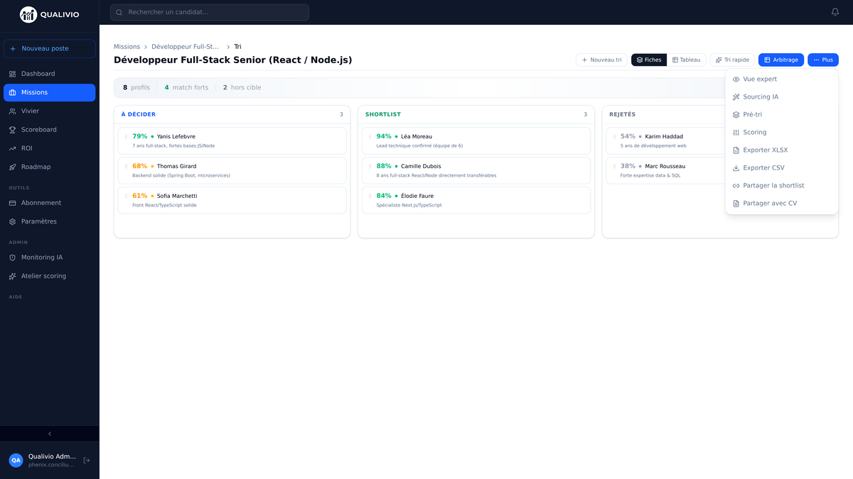 Kanban-style shortlist board organizing candidates into To Decide, Shortlist, and Rejected columns with export options.