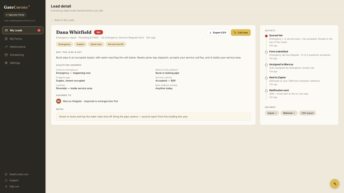 GateCurate lead detail drawer with tags, notes, activity timeline, and export