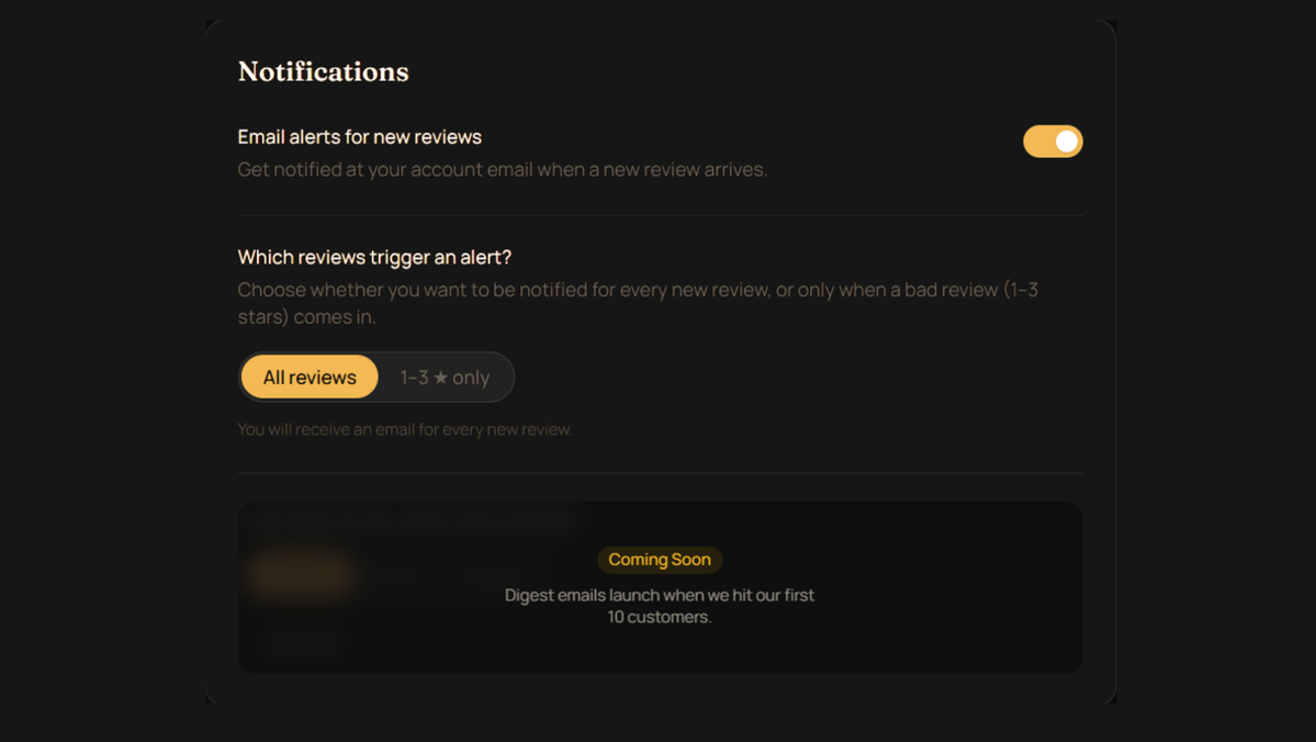 Ominvo notification settings allowing users to customize instant email alerts for all new reviews or filter by negative star ratings.