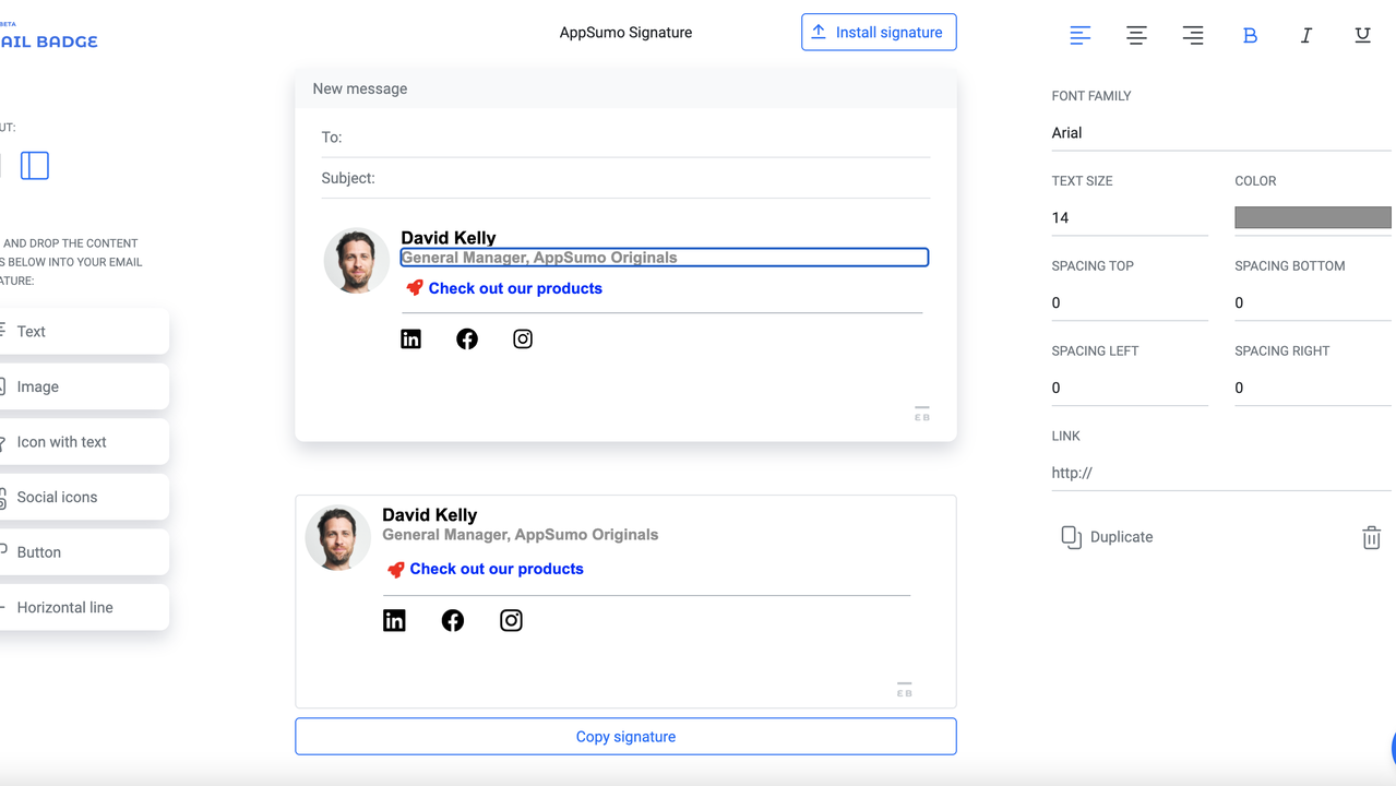 Email signature creation screen