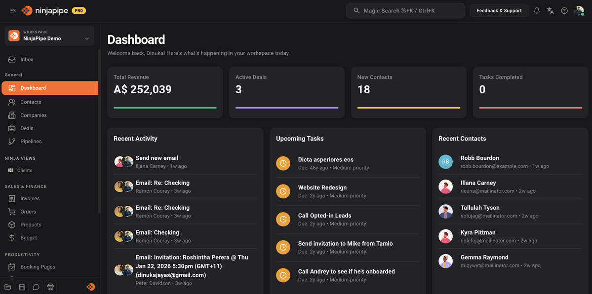 NinjaPipe CRM dashboard showing pipeline stages and AI insights