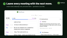 MeetMouse meeting review with a synthetic transcript, summary, takeaways, and action items thumbnail