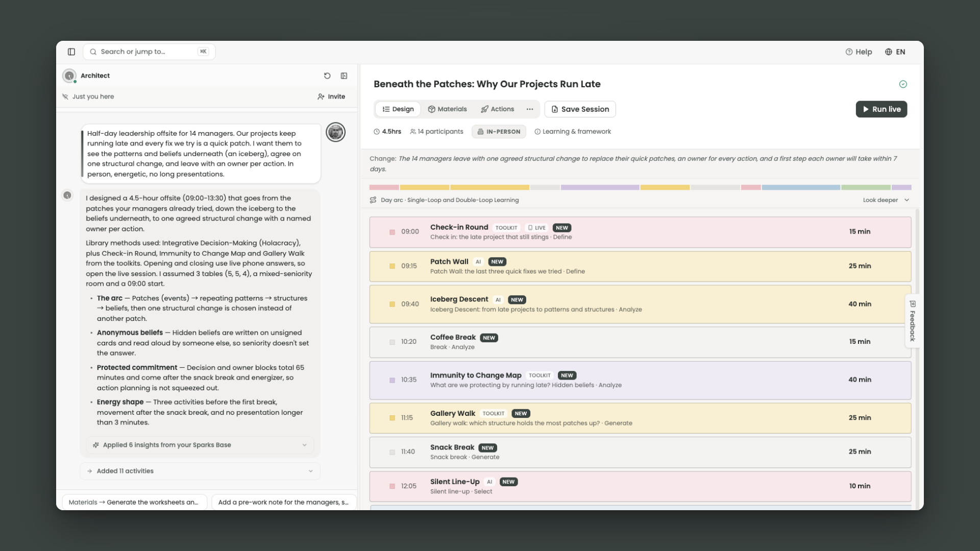 METODIC Session Studio: a short brief in the chat becomes a timed half-day agenda with color-coded phases