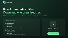 Dioveo bulk download screen showing a zip preview organized into folders per sender and year, with a summary of 512 files totaling 1.8 GB ready to download as one zip thumbnail