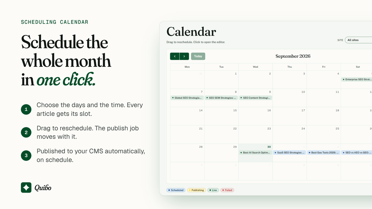 Quibo calendar with a month of AI SEO articles scheduled by day and time, published to your CMS automatically
