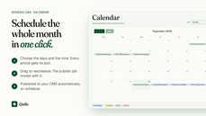 Quibo calendar with a month of AI SEO articles scheduled by day and time, published to your CMS automatically thumbnail