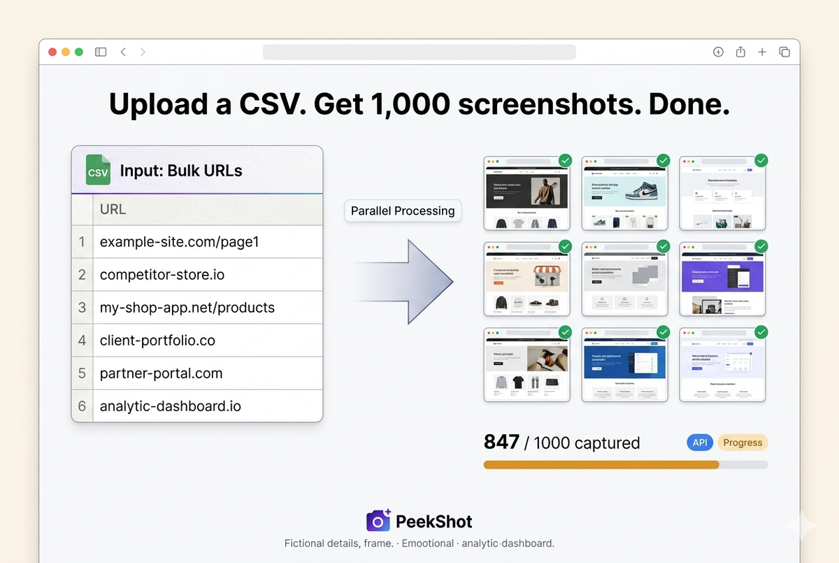 Bulk website screenshot generator using CSV upload for fast, large-scale web page captures.