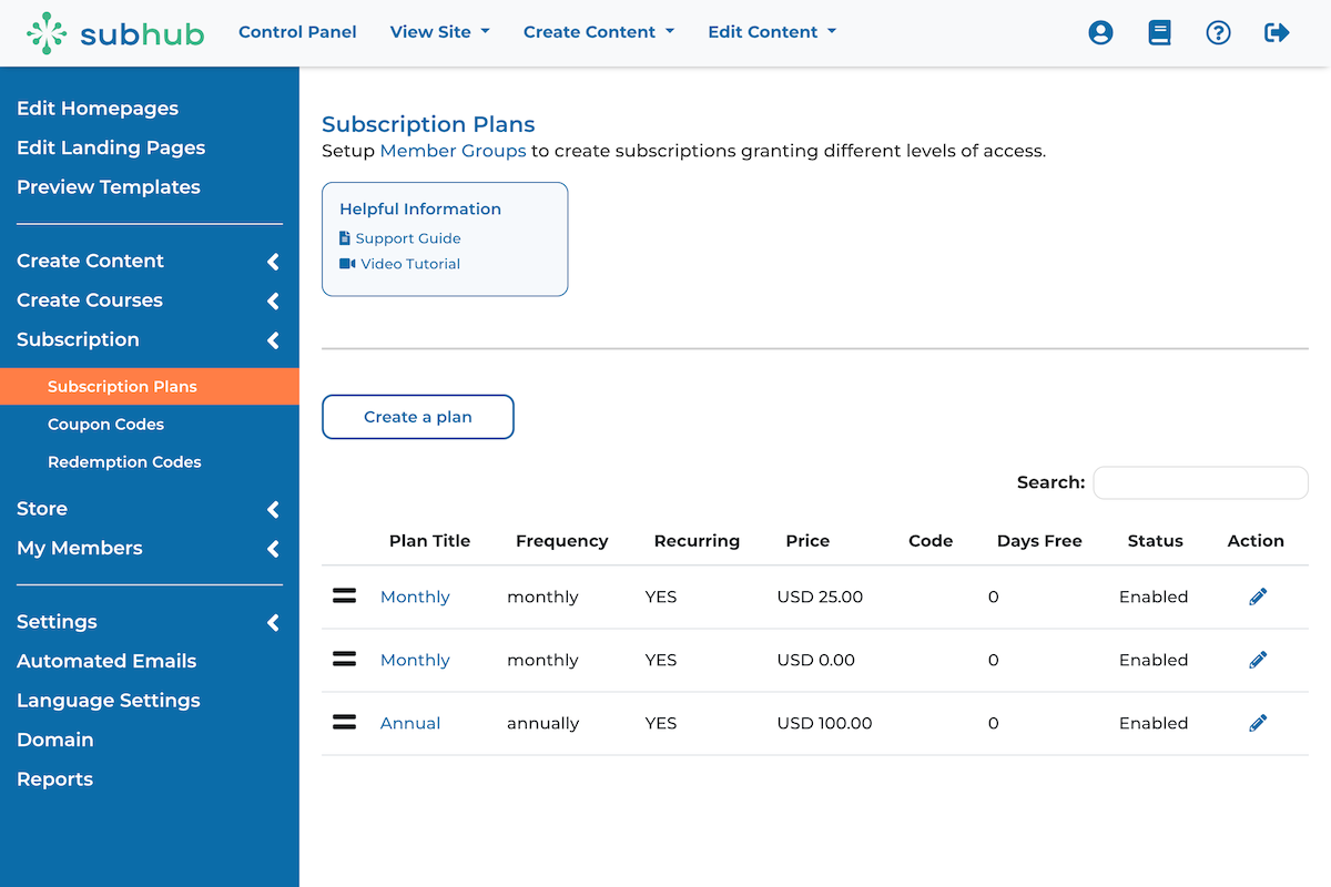 Membership plan subscription options