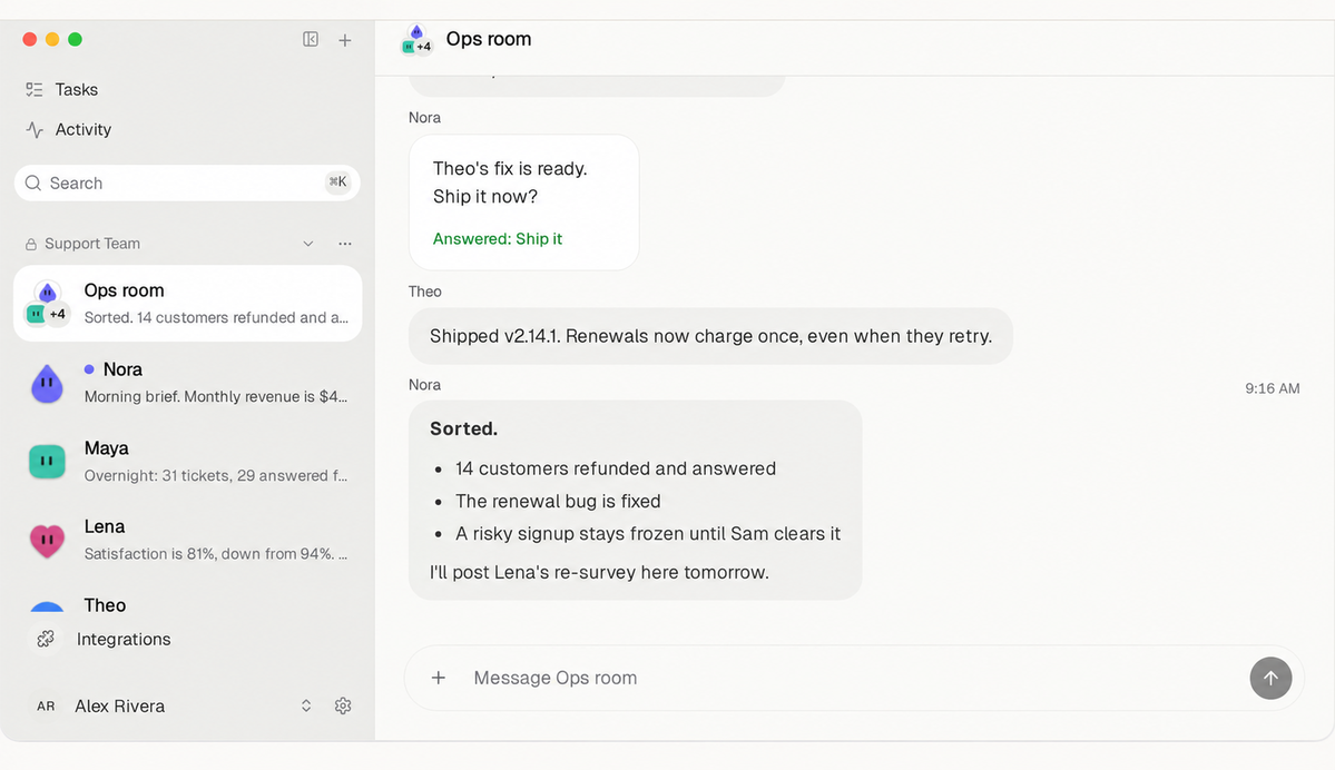 Syl team chat shows customer refunds completed, a fix shipped, and a clear summary.