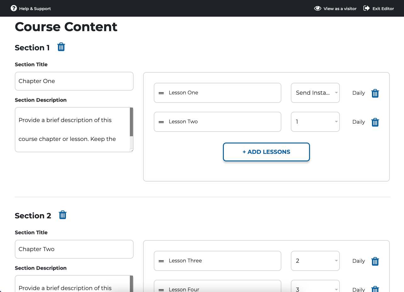 Course content management screen