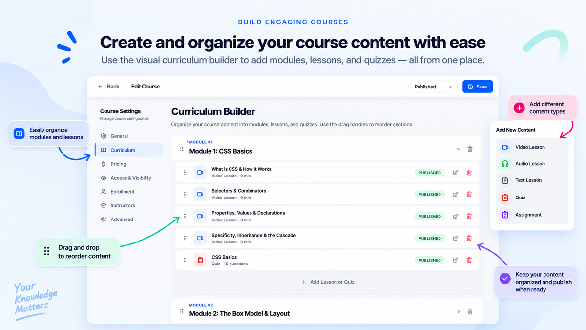 CourseGlade curriculum builder showing modules, lessons, quizzes, and drag-and-drop course organization