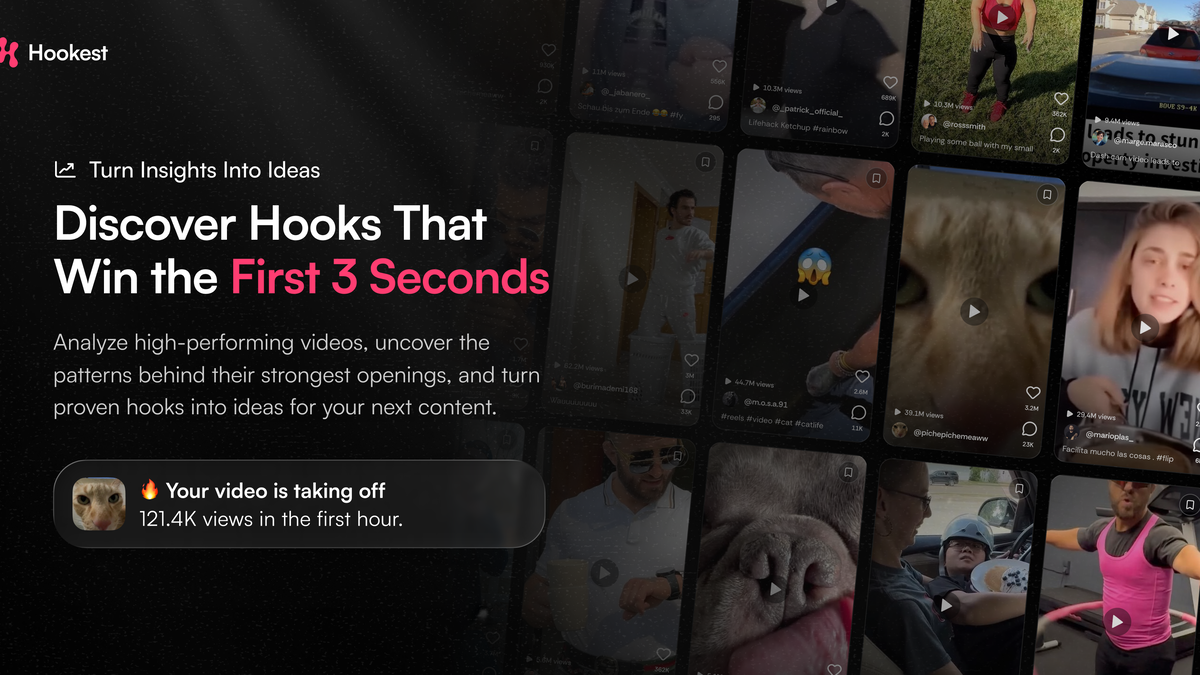 Hookest analyzes high-performing videos to reveal hooks that capture attention in the first 3 seconds.