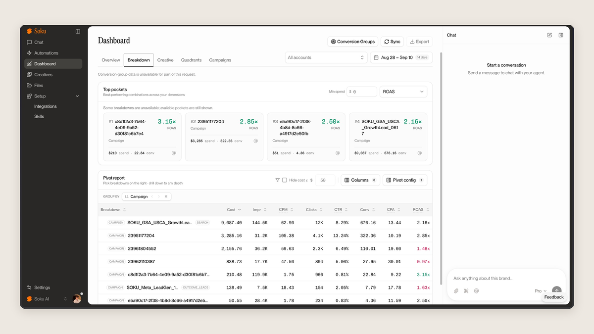 Breakdown tab with a top pockets row and a pivot report ranking campaigns by cost, impressions, CPM, clicks, CTR, conversions, CPA and ROAS