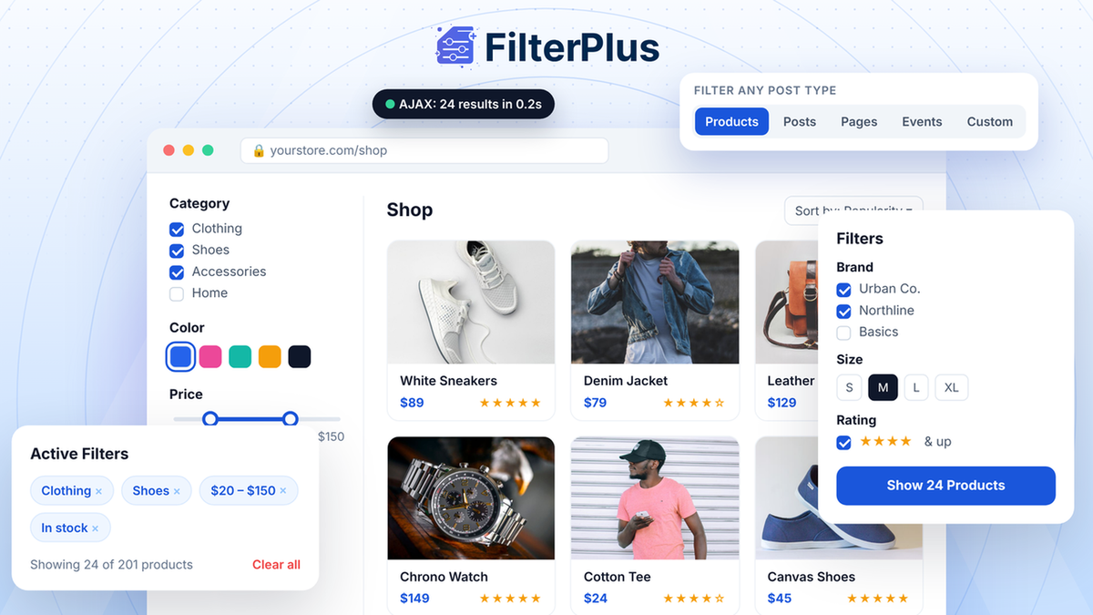 FilterPlus plugin for WordPress and WooCommerce: AJAX product filters by category, price, brand, size and rating