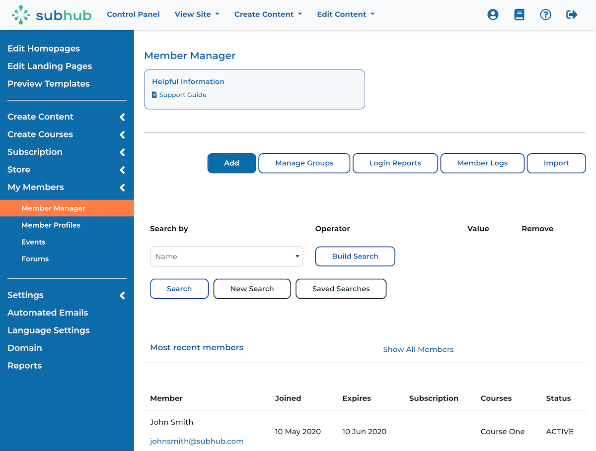 Dashboard for updating membership information