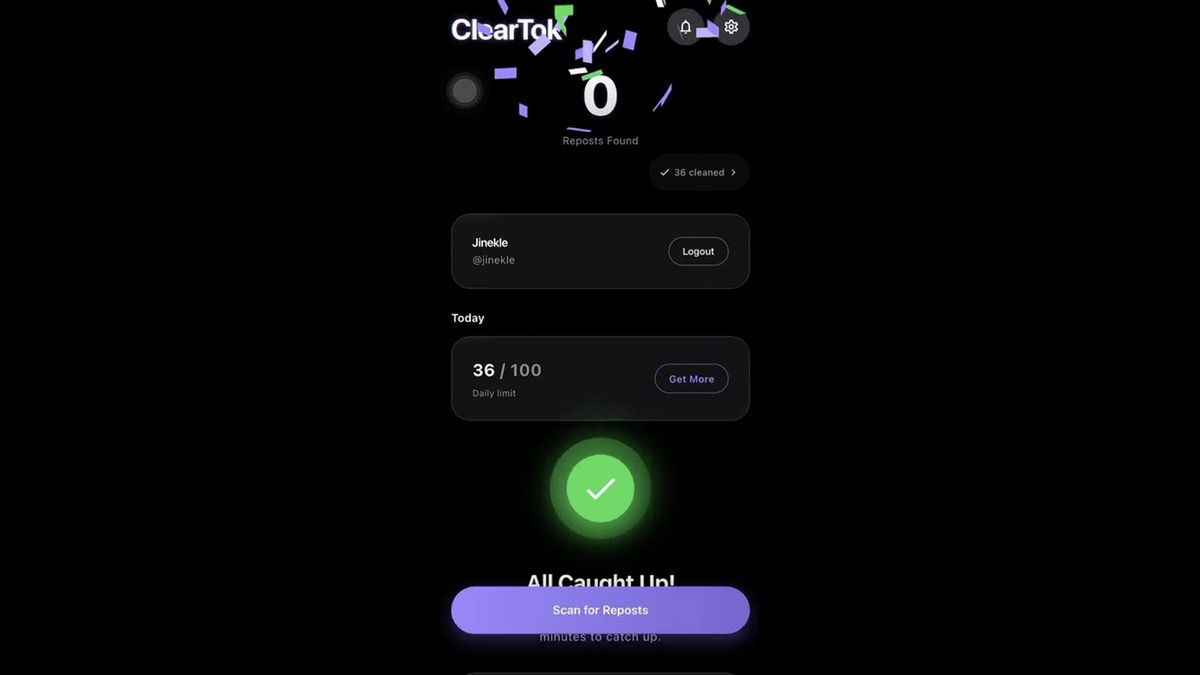 ClearTok showing a completed TikTok repost cleanup process with all reposts removed and a cleaner repost history