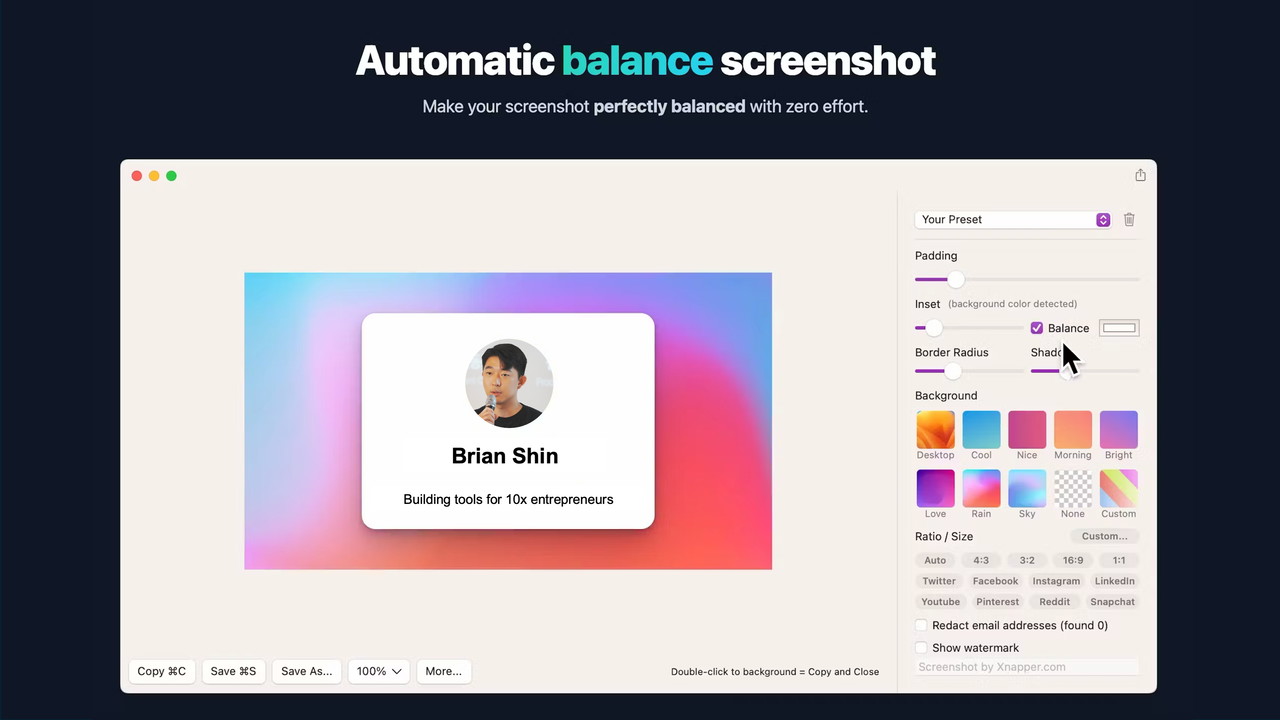Effortless screenshot balance