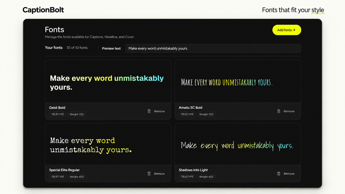 Saved fonts and style previews