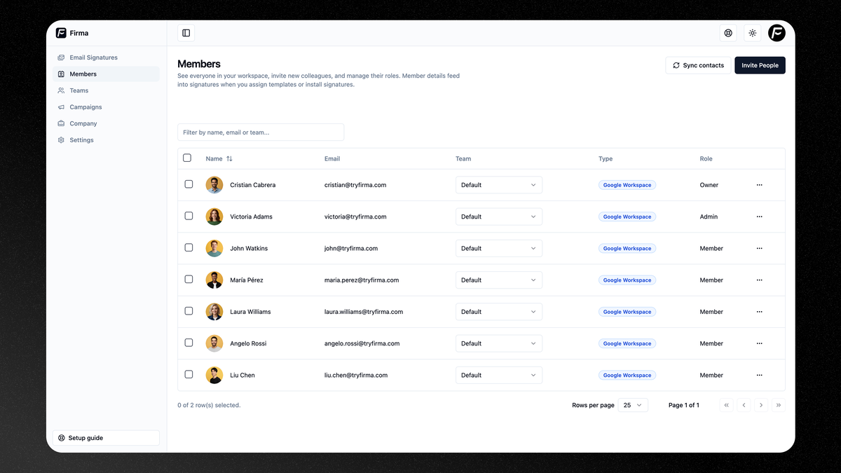 Firma's member table view