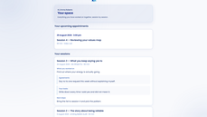 The client's own space: sessions, agreements, tasks and upcoming appointments, opened from a private link with no signup thumbnail
