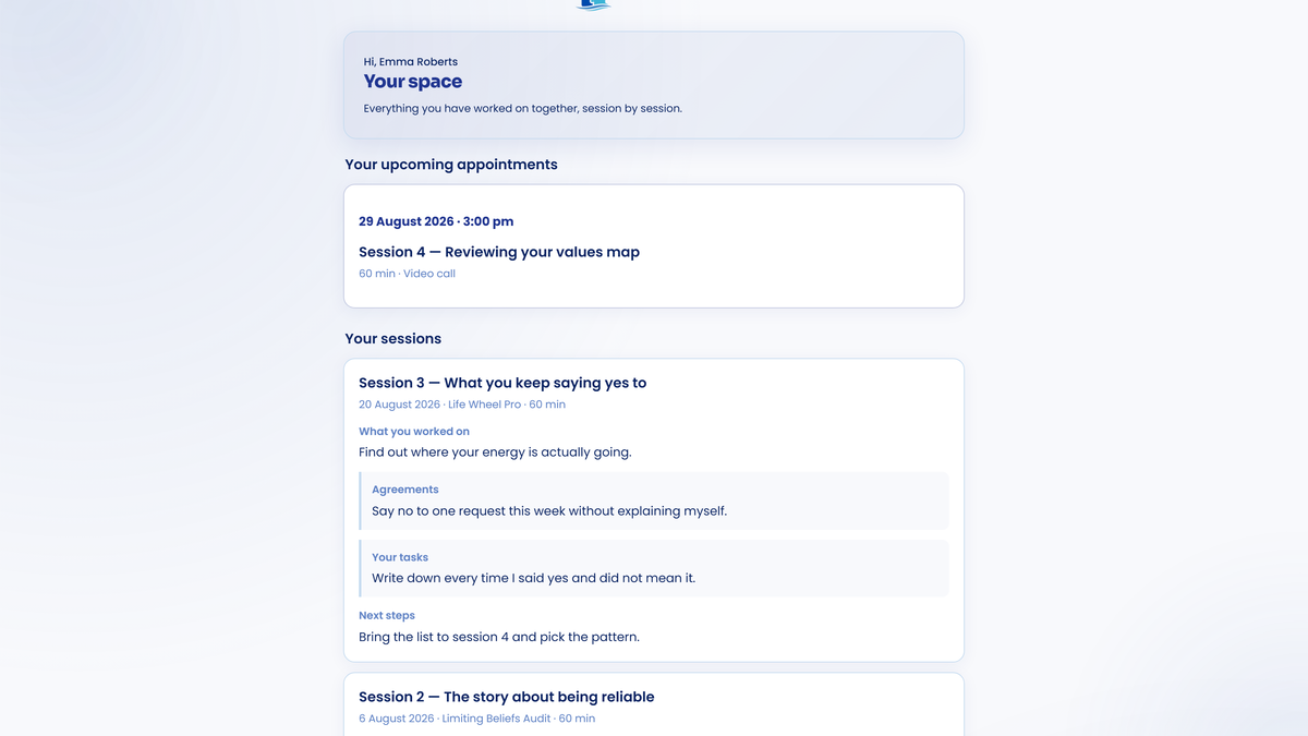The client's own space: sessions, agreements, tasks and upcoming appointments, opened from a private link with no signup
