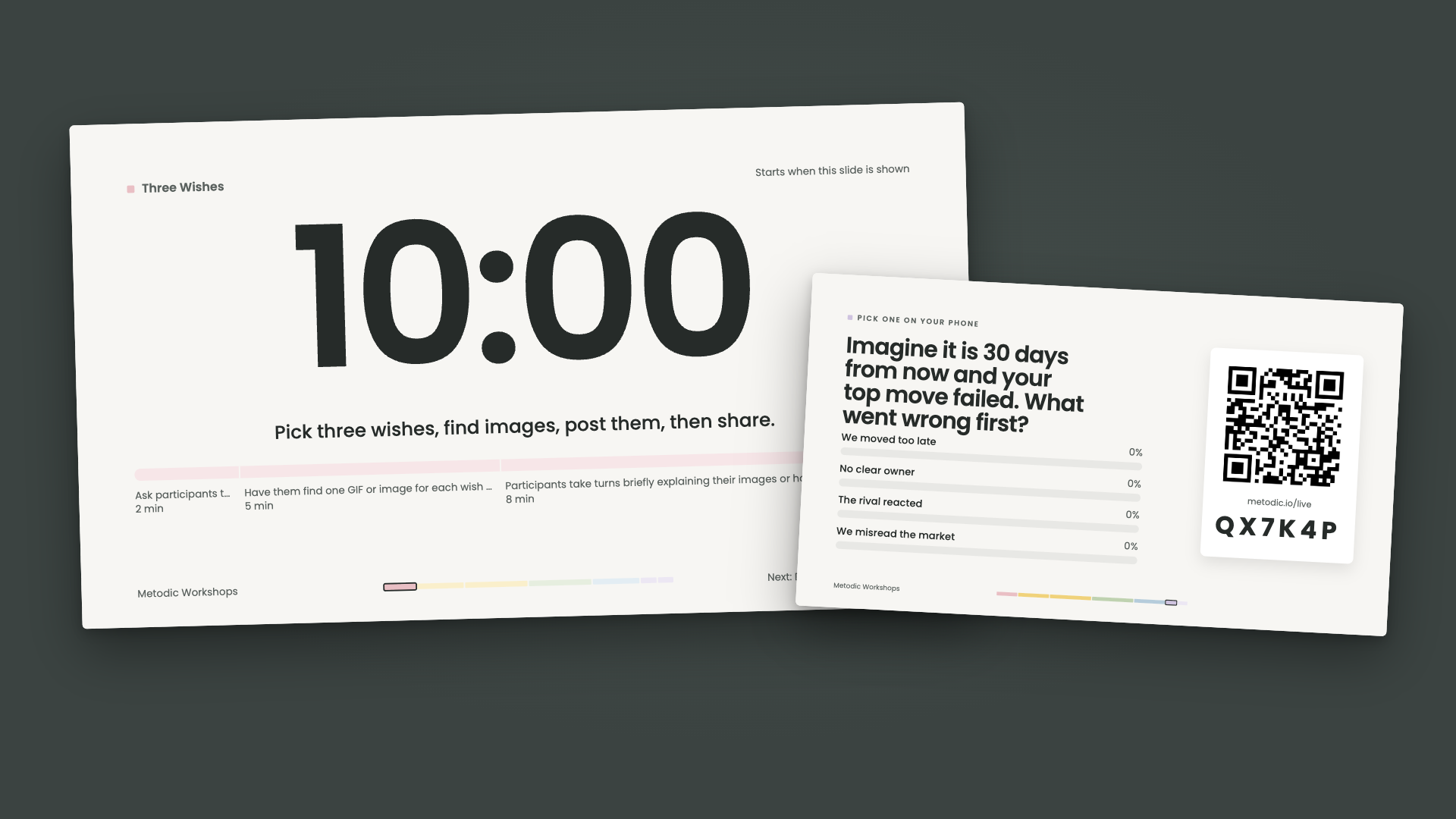 METODIC facilitation slides: a 10-minute timer slide and a live poll slide with a QR code to join