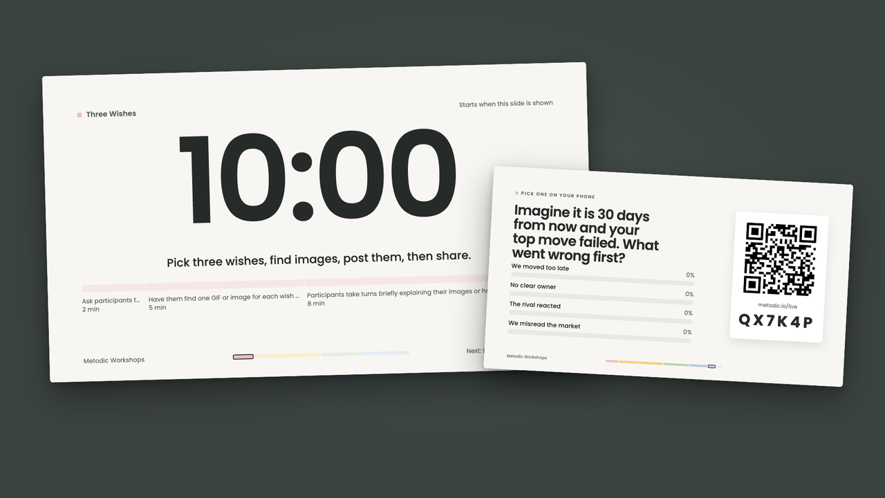 METODIC facilitation slides: a 10-minute timer slide and a live poll slide with a QR code to join