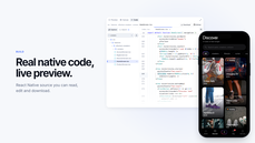FluxNative code editor showing React Native source beside a live phone preview of the Discover screen. thumbnail