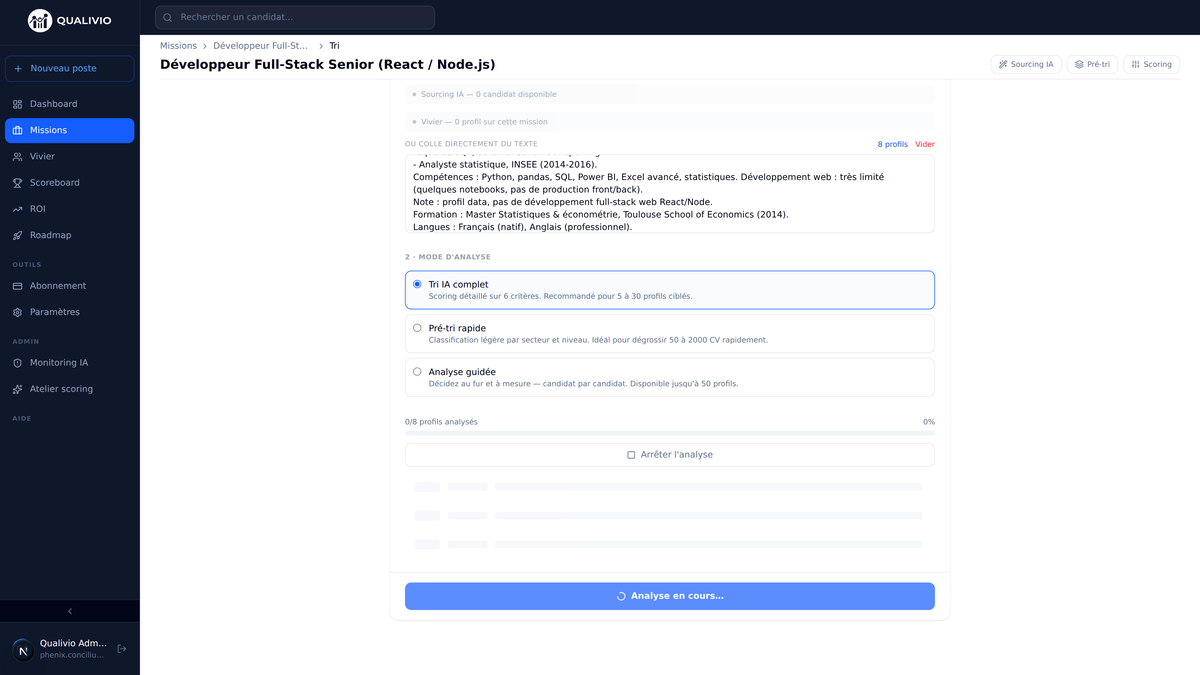 Qualivio AI analysis screen showing candidate profiles being processed, with selectable scoring modes for recruiters.
