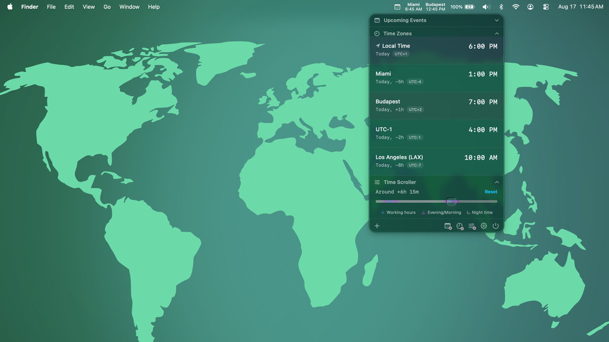 The Time Scroller dragged to "Around +6h 15m", showing every tracked city's time at that future moment with a Reset button