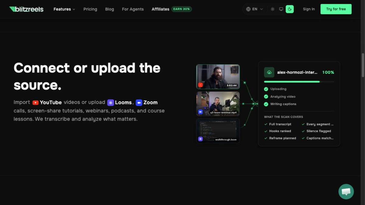 BlitzReels source import showing YouTube, Loom, Zoom, webinar, podcast, course, and video upload options
