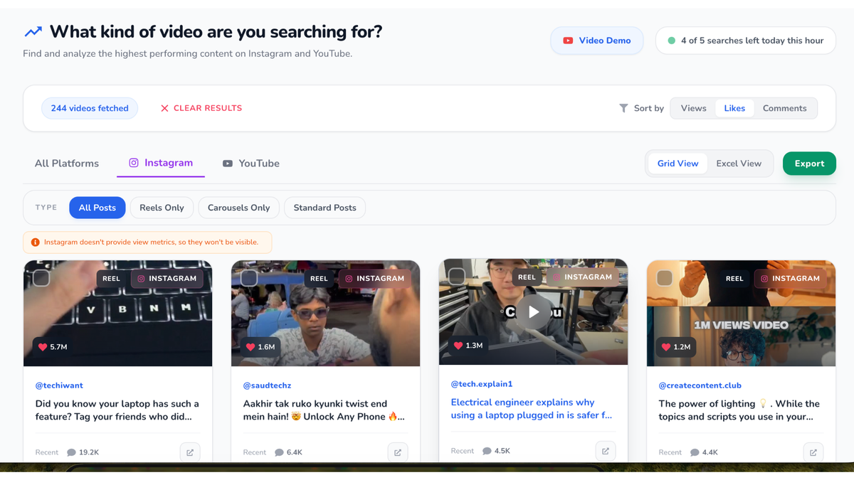 Discover viral content from Instagram and YouTube in any niche