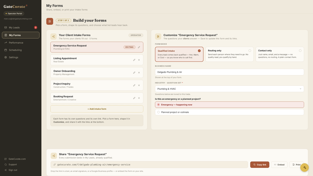 GateCurate intake form with trade-specific qualifying questions