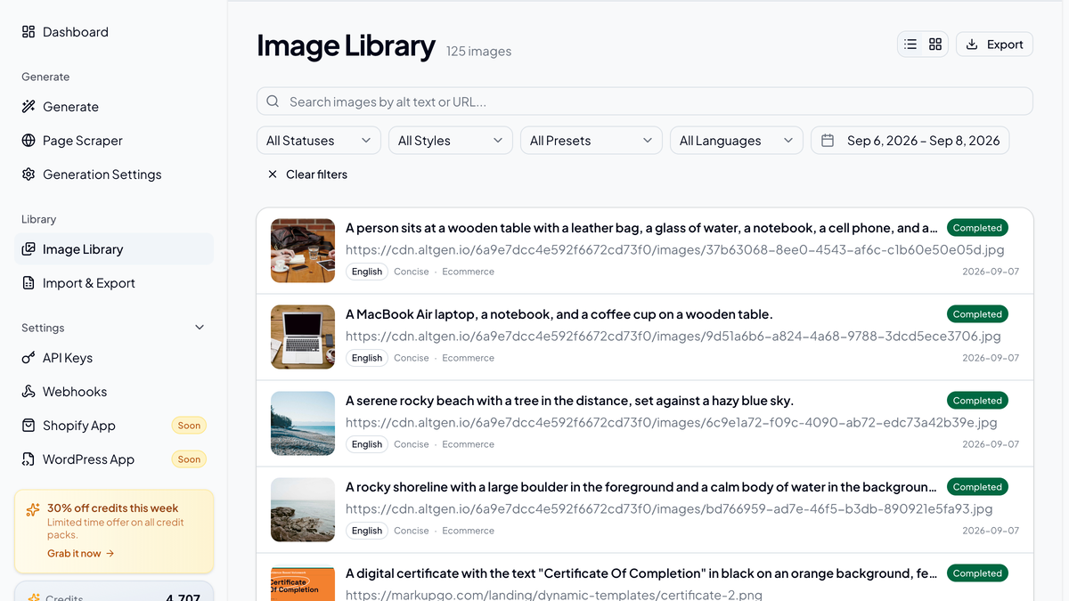 Image library listing generated alt text results with language and style tags for each image