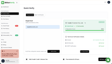 BillionVerify Quick Verify checking a single email: valid and deliverable, 100% reputation score, MX records normal, SMTP verification passed. thumbnail