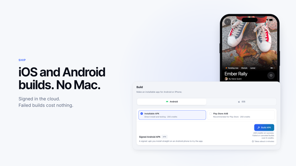 FluxNative Build dialog with Android and iOS options and a Build APK button, in front of the app's product screen.