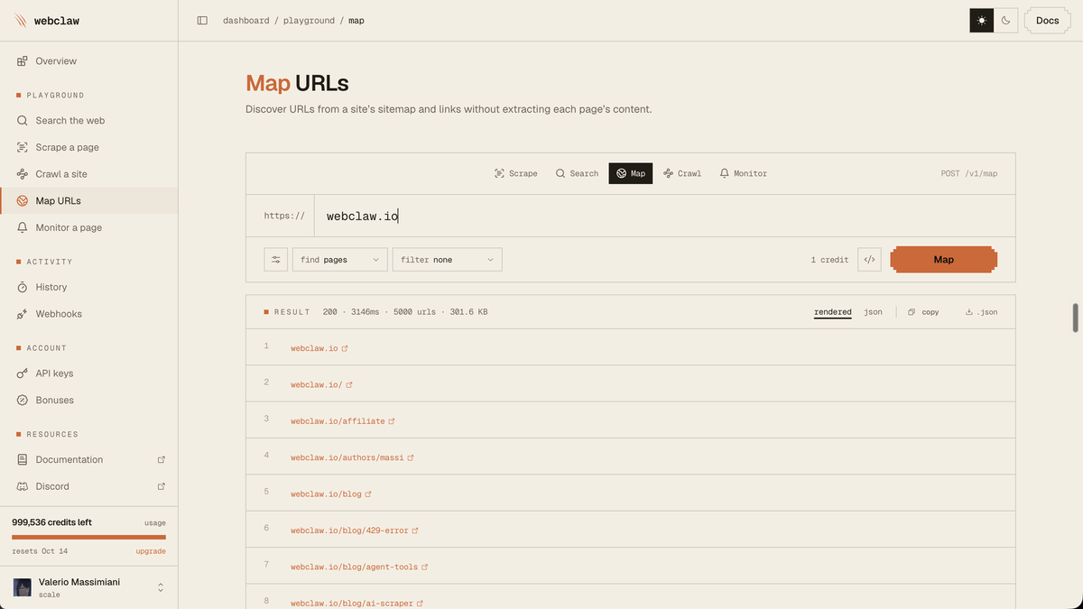 Webclaw mapping a website's sitemap, discovering 5,000 URLs in 3.1 seconds without extracting each page's content.