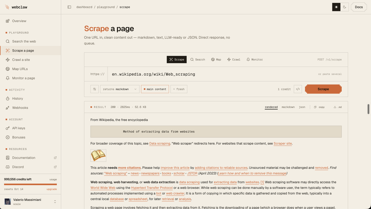 Webclaw playground scraping a Wikipedia page and returning clean Markdown, with the response shown at 200 OK in 2.8 seconds for one credit.