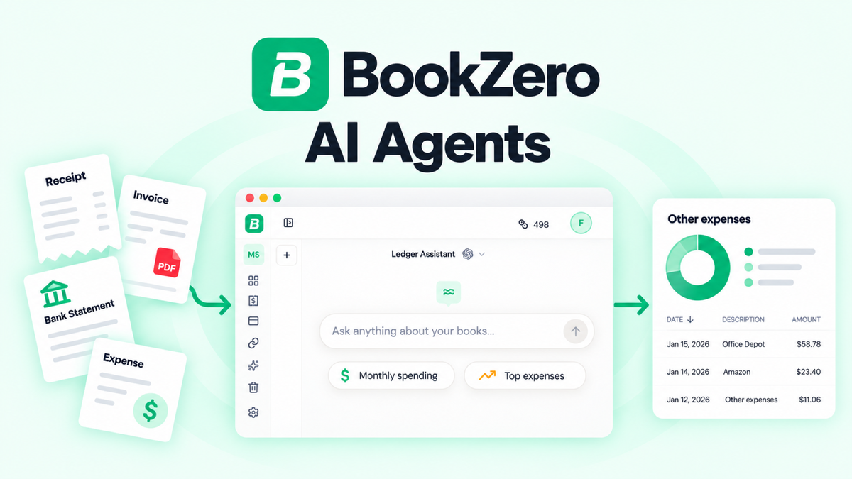 BookZero AI bookkeeping assistant connects financial documents to spending insights and expense summaries.