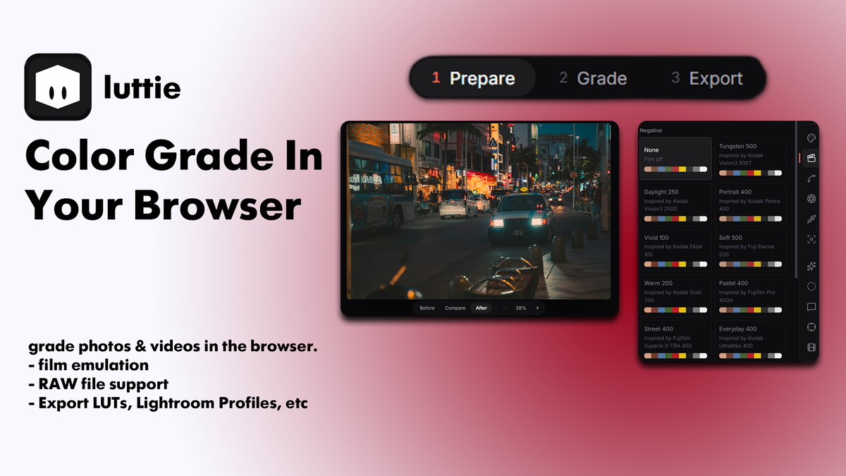 Color grade in the browser. Take advantage of Luttie's film engine, RAW file support and export LUTs, Lightroom Profiles, etc
