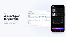 FluxNative Growth plan with a channels table and first launch steps, beside the app's shopping bag screen. thumbnail