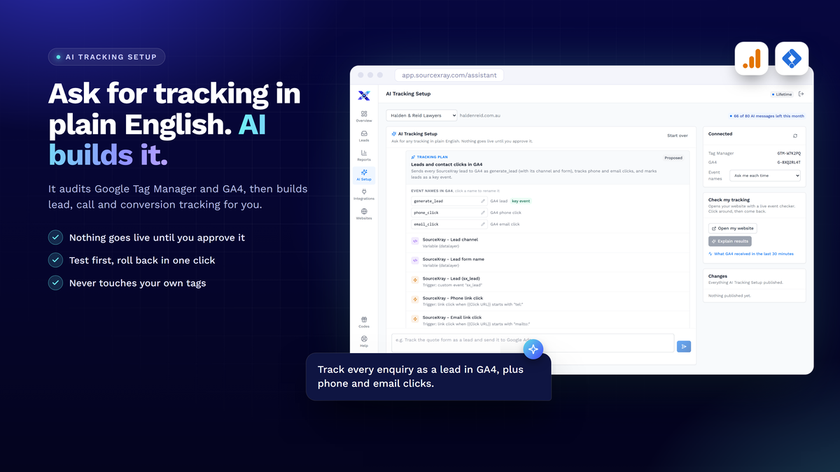 AI Tracking Setup turning a plain-English request into a GA4 and Google Tag Manager tracking plan