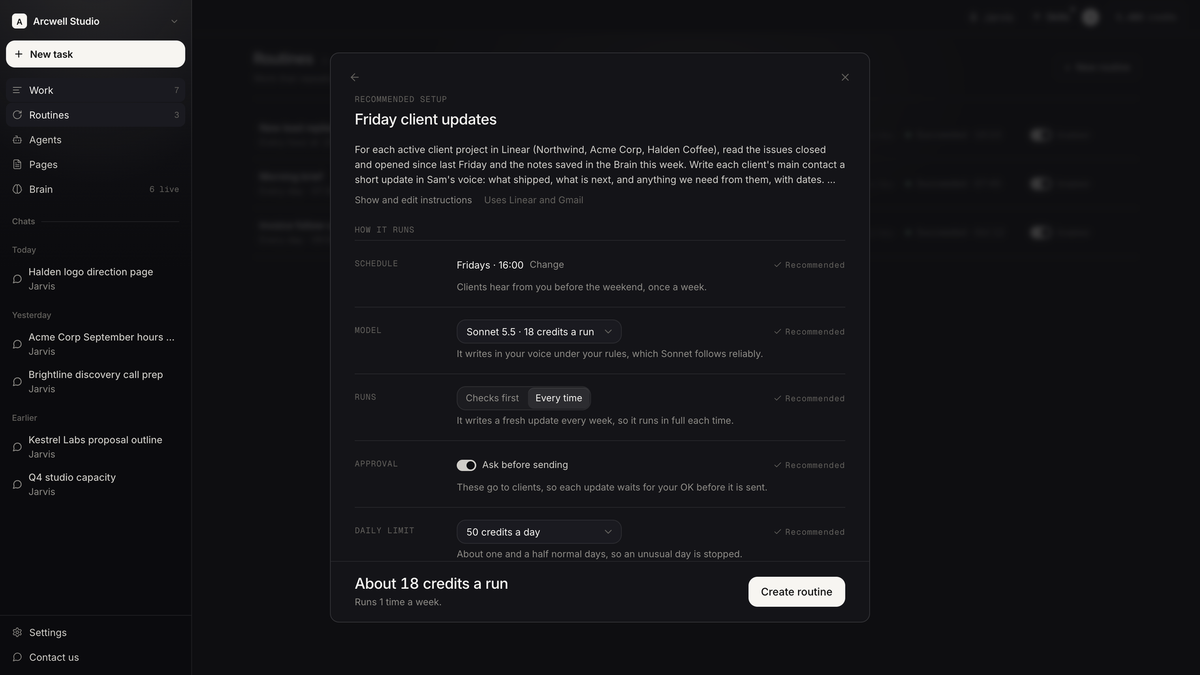 New routine: Agently recommends the schedule, model, approval and daily limit, at about 18 credits a run