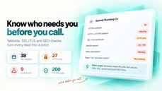 "Know who needs you before you call." A LeadsAgent website audit for a sample business showing HTTPS, SSL/TLS certificate, redirect, mobile speed, meta description and Google ranking checks, with a suggested pitch angle and counts of businesses with no we thumbnail