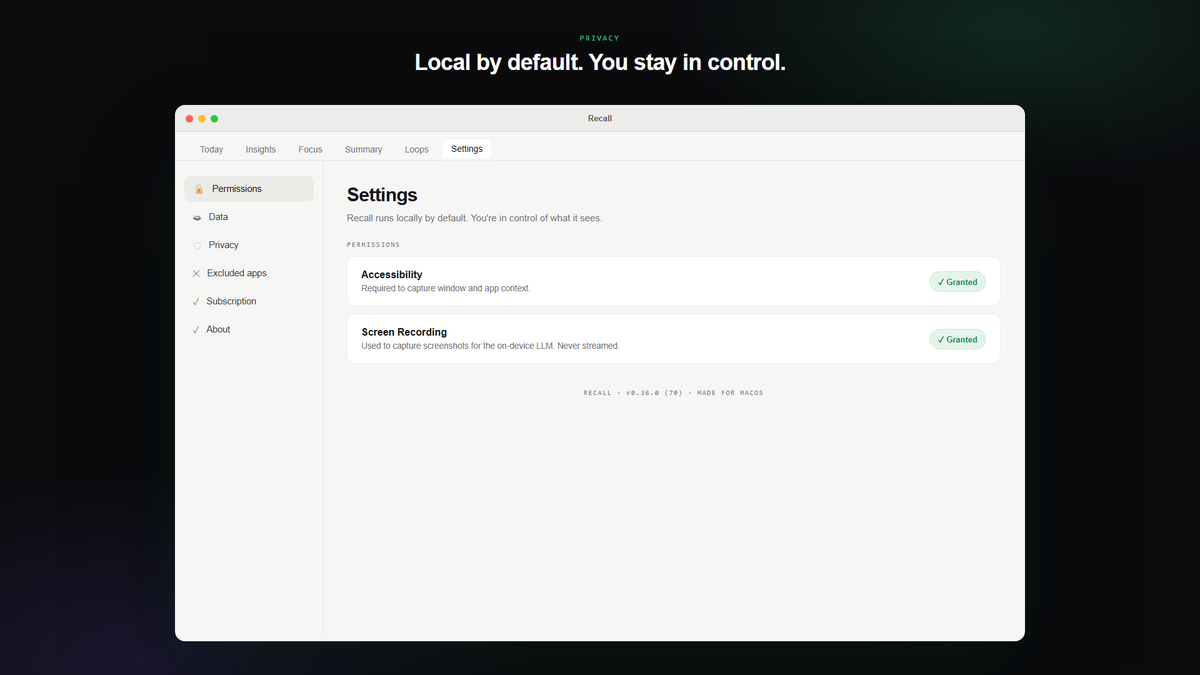 Recall Settings showing local-by-default permissions, Accessibility and Screen Recording, both granted