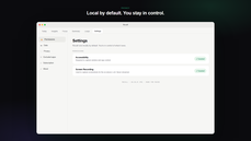 Recall Settings showing local-by-default permissions, Accessibility and Screen Recording, both granted thumbnail