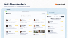 Amplaud Wall of Love shown as a hosted wall of customer testimonials and as reviews embedded on a company website. thumbnail