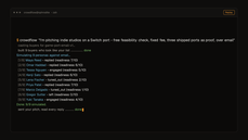CrowdFlow backtest running in a dark terminal window. The command crowdflow "game-port-email-v1" shows 9 buyer personas being simulated against the email pitch, with each line like [1/9] Maya Reed - replied, ending in "Done: 9/9 simulated" and a blinking thumbnail