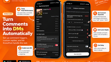 KrossPost.ai mobile app showing Instagram Comment-to-DM automation, post performance insights, keyword triggers, custom replies, delay settings, and Auto-DM controls. thumbnail