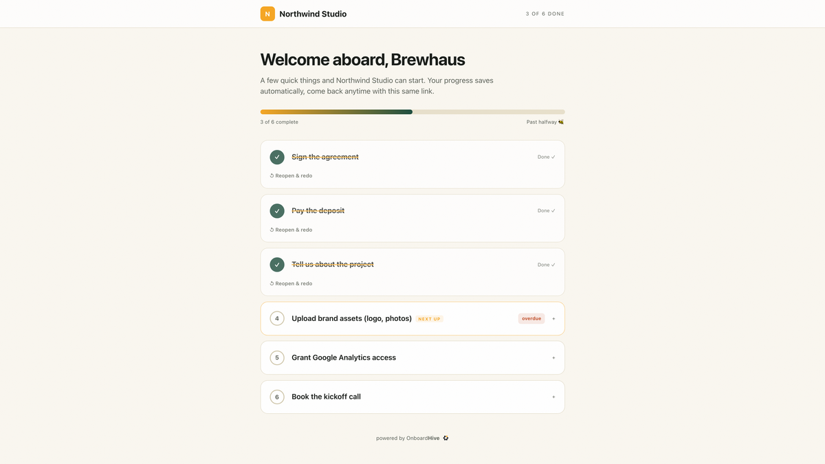 Branded onboarding portal with sign, deposit, intake, and upload steps on one page